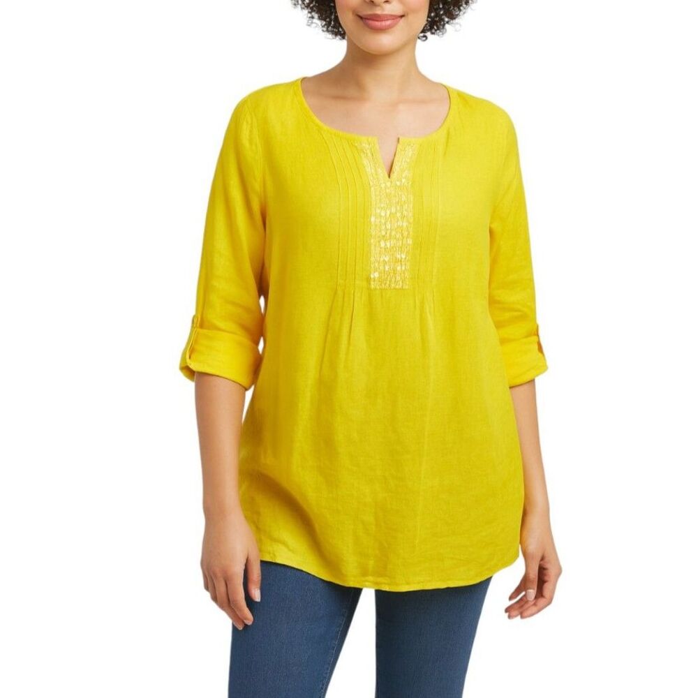Laura Scott Women’s Yellow Embellished Tunic Top | Size Large